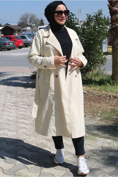 Moda Rosa 25k43055 - Bej - Büyük Beden Bondit Kemerli Tençkot