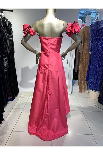 Robes Στράπλες Ροζ Λεπτομερής Ολόσωμη Φόρεμα με Καρδιά με Μανδύα - Βραδινό Φόρεμα με Κέντημα και Φιόγκο