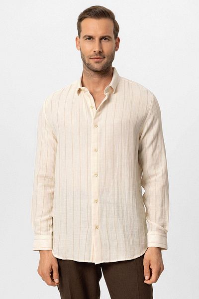 Antioch Beige Striped Slim Fit Men's Shirt