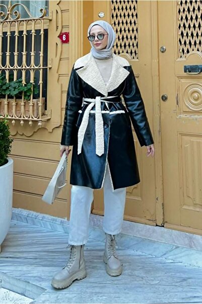 Moda Rosa 25K5211 - SİYAH - UZUN DERİ İÇİ KÜRKLÜ KABAN