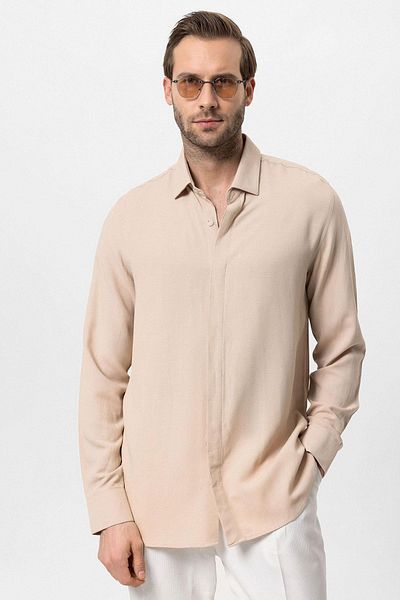 Antioch Beige Hidden Button Linen Blended Men's Shirt