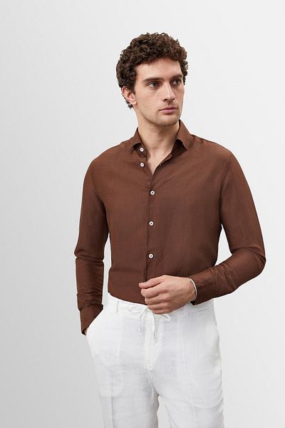 Antioch Brown Collar Button Detailed 100% Linen Men's Shirt