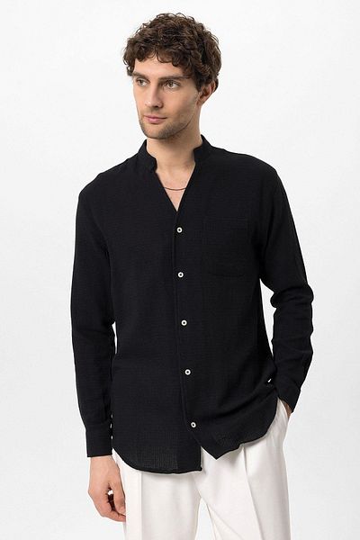 Antioch Black Judge Collar Knitted Textured Men's Shirt