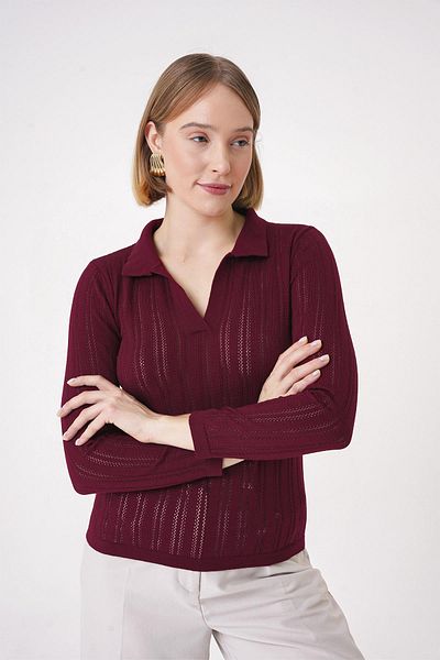 CHUBA Pulover de damă, cu gât polo, tricotat, cu croiala obișnuită, roșu claret 25w3004