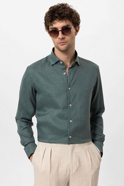 Antioch Green Collar Button Detailed 100% Linen Men's Shirt