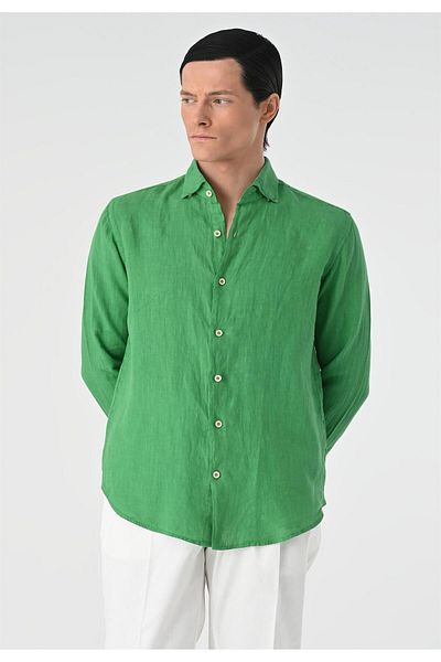 Antioch Pistachio Green Collar Button Detailed 100% Linen Men's Shirt