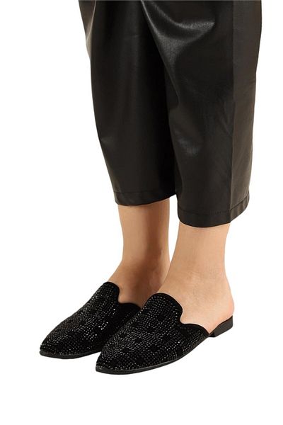 Liger Suede Pointed Toe Stone Design Women's Slippers Black