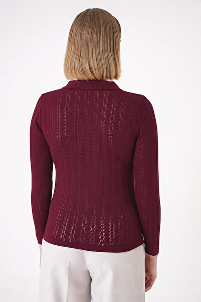 CHUBA Women's Polo Neck Knit Detailed Regular Fit Knitwear Sweater Claret Red 25W3004