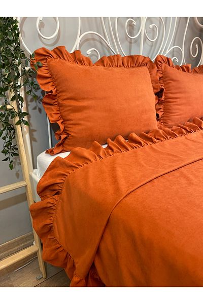 Decamor home Tile Orange Frilly Bedspread Double King Size Bedspread