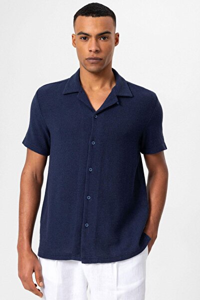 Antioch Navy Blue Apple Collar Knitted Textured Men's Shirt