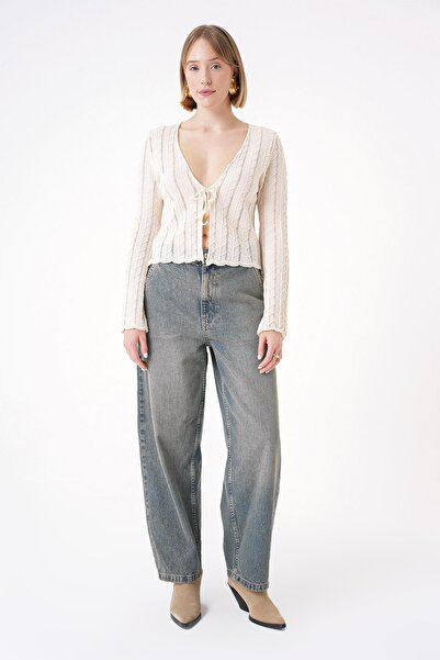 CHUBA Women's V-Neck Openwork Patterned Rope Tied Front Standard Fit Knitwear Cardigan Vanilla 25W3008