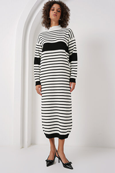 Bigdart 15898 Çizgili Uzun Triko Elbise - D. Siyah
