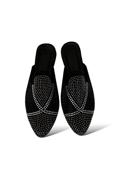 Liger Дамски велурени чехли с остър връх, дизайн с камъни, ЧЕРНИ - ПЛАТИНЕНИ