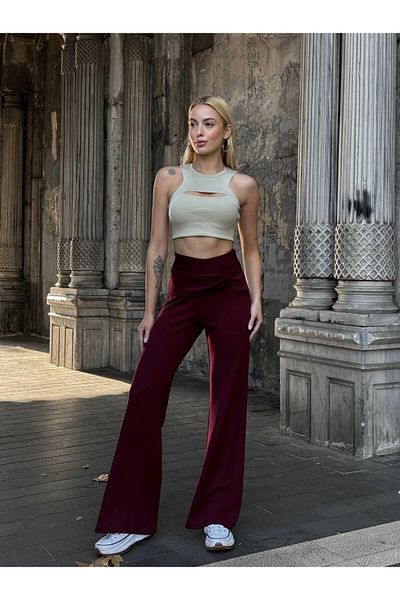 hazelin Pantaloni spanioli cu talie înaltă de culoare burgundă pentru femei HZL25W-ZK11481