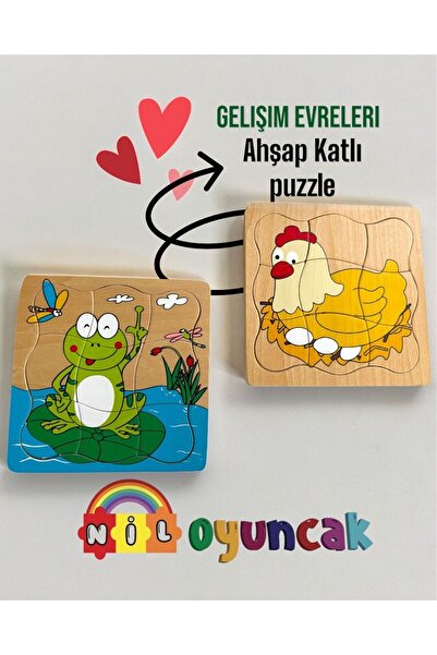 niloyuncak Tavuk Kurbağa Gelişim evreleri seti Ahşap katlı puzzle