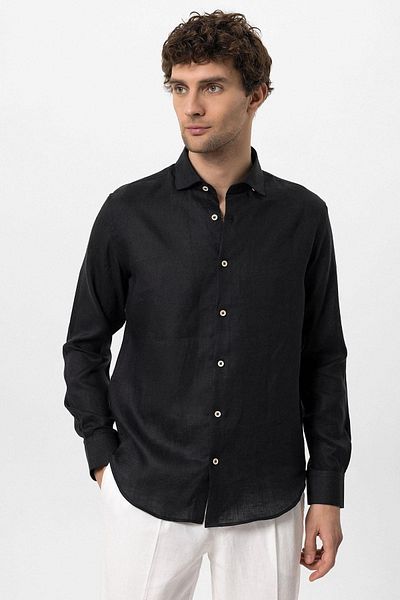 Antioch Black Collar Button Detailed 100% Linen Men's Shirt