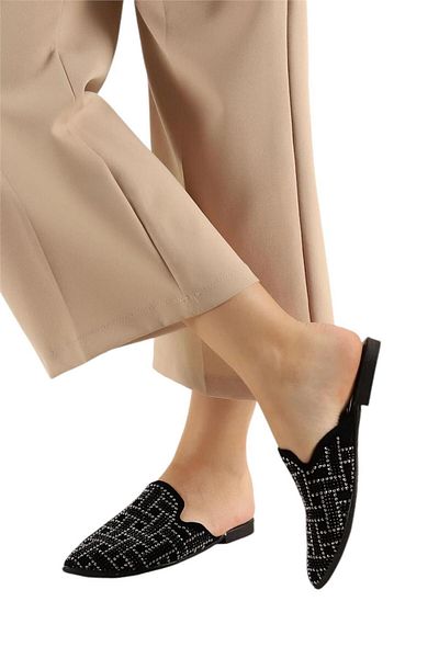 Liger Suede Pointed Toe Stone Designed Women's Slippers Black - Silver