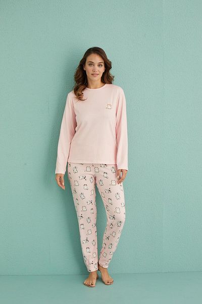 gd goldoremi 14101-5 Women's Cat Patterned Thermal Fabric Long Sleeve Pajamas Set