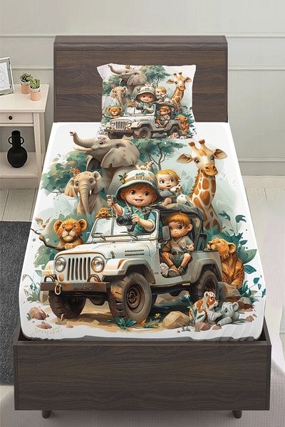 Else Halı African Forest Animals Patterned Boy's Single Padded Sheet Set 100X200 cm