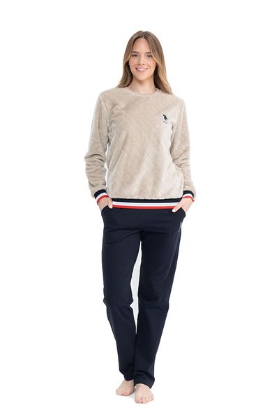 U.S. Polo Assn. ΒΑΣΗ. Polo Assn. 17079 Γυναικείο μπεζ μακρυμάνικο κοστούμι πιτζάμες με στρογγυλή λαιμόκοψη