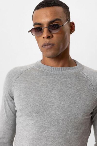 Antioch Gray Melange Crew Neck Slim Fit Knitwear Sweater