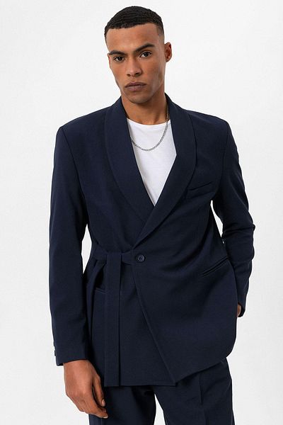 Antioch Men's Blazer - Navy Blue, Double Breasted Closure and Belted Jacket