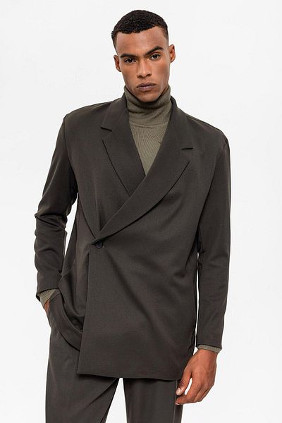 Antioch Khaki Double Breasted Closure Hidden Pocket Men's Blazer Jacket