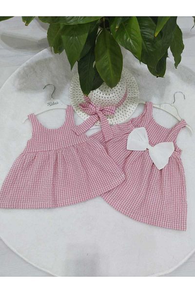 Store Pink Color Baby Bow Tie Checkered Hat Dress