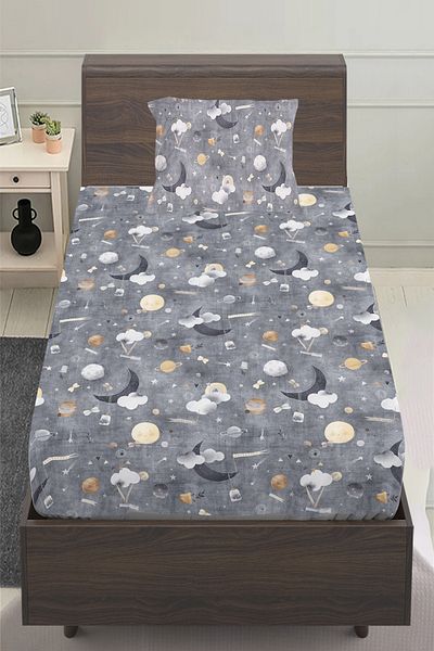 Else Halı Gray Cloudy Moon Grandpa Patterned Boy's Single Pillowed Bed Sheet Set 100X200 cm