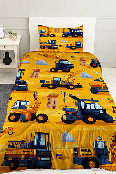 Else Halı Sarı İş Makineleri İnşaat Desenli Erkek Çocuk Tek Kişilik Kapitonel...