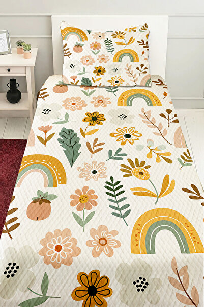 Else Halı Çiçekli Boho Gökkuşağı Desenli Kız Çocuk Tek Kişilik Kapitoneli Pik...