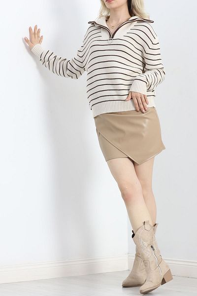 Tozlu Yaka Lattekahve Zippered Striped Knitwear Blouse - 430.1577