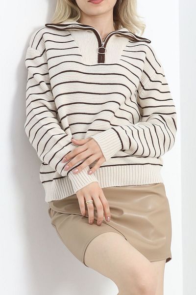 Tozlu Yaka Lattekahve Zippered Striped Knitwear Blouse - 430.1577