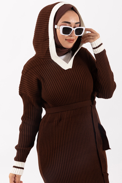 Stilife Καφέ Πλεκτό Φόρεμα με κουκούλα - Σταχτοπούτα