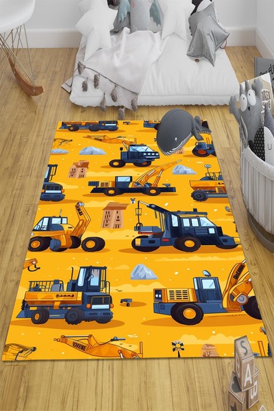 Else Halı Sarı İş Makineleri İnşaat Desenli Erkek Çocuk Odası Halısı Yıkanabi...