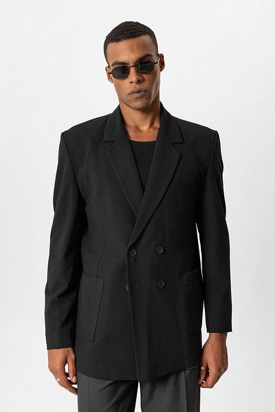 Antioch Black Bag Pocket Double Breasted Men's Blazer Jacket