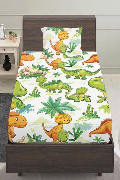 Else Halı Green Orange Dinosaurs Patterned Boy's Single Pillowed Sheet Set 100X200 cm