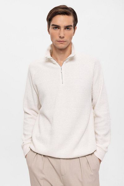 Antioch Ecru Half Zippered Stand Collar Men's Sweater