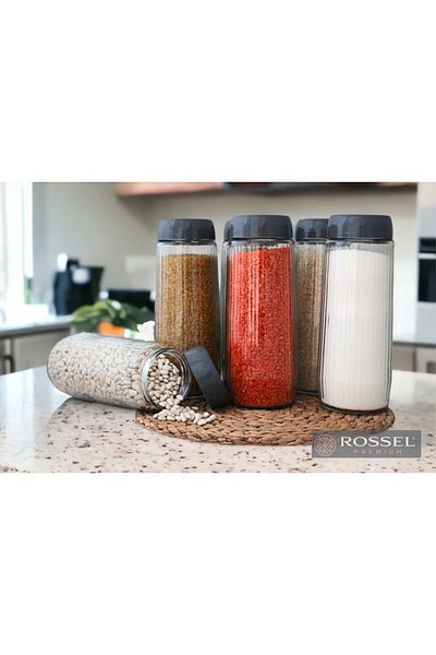 Rossel Premium Labeled Alin 6 Pieces Line Patterned Glass Jar-Storage Container 1500 ml Gray
