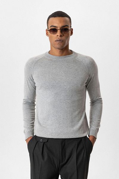Antioch Gray Melange Crew Neck Slim Fit Knitwear Sweater