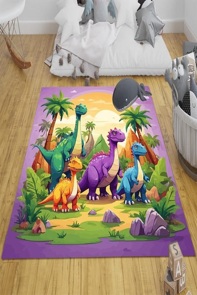 Else Halı Renkli Dinazor Hayvanlar Desenli Çocuk Odası Halısı Yıkanabilir Kay...