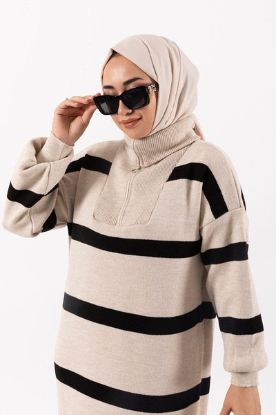 Stilife Liney Triko Elbise Krem/Siyah