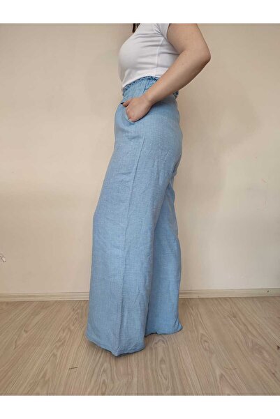 enmodaiçgiyim High Waist and Wide Leg Linen Women's Trousers - Light Blue