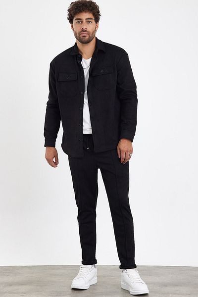 MADZEYMODA New Season Men's Trousers and Shirts 2-Piece Black Suede Set Mz0802