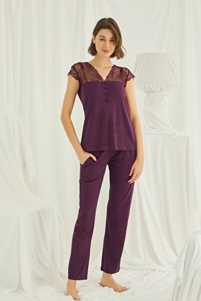 MONAMİSE Γυναικείο κοστούμι πιτζάμα με κοντό μανίκι μπορντό 18420