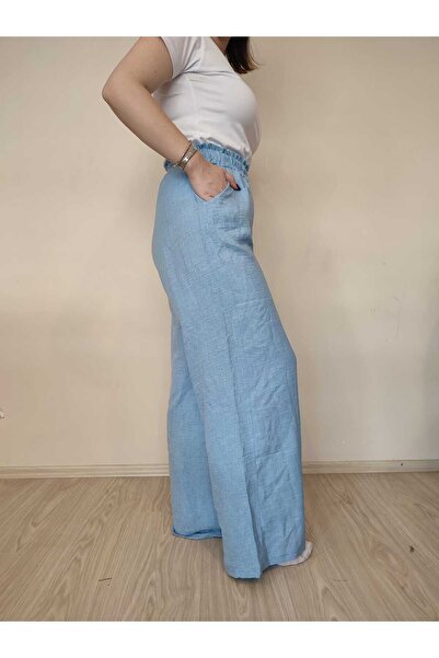 enmodaiçgiyim High Waist and Wide Leg Linen Women's Trousers - Light Blue