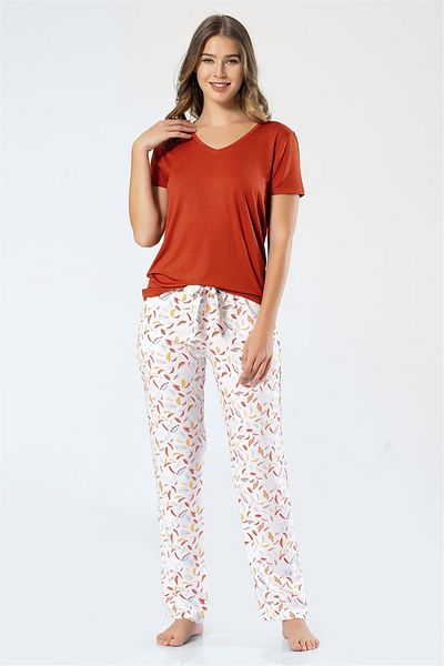 TÜREN 3334 Women's Leafy Short Sleeve Pajama Set - Tile