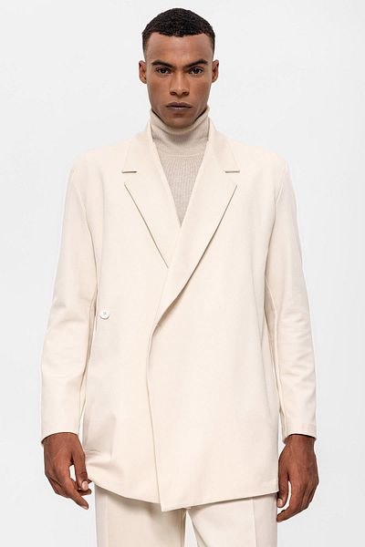 Antioch Ecru Double Breasted Closure Hidden Pocket Men's Blazer Jacket