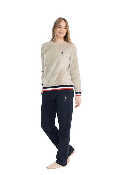 U.S. Polo Assn. ΒΑΣΗ. Polo Assn. 17079 Γυναικείο μπεζ μακρυμάνικο κοστούμι πιτζάμες με στρογγυλή λαιμόκοψη