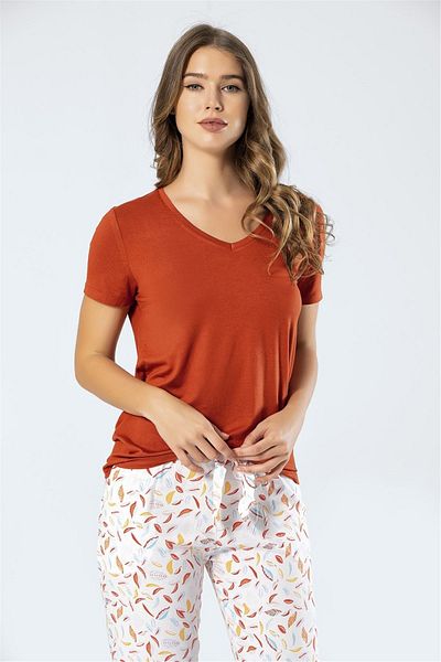 TÜREN 3334 Women's Leafy Short Sleeve Pajama Set - Tile